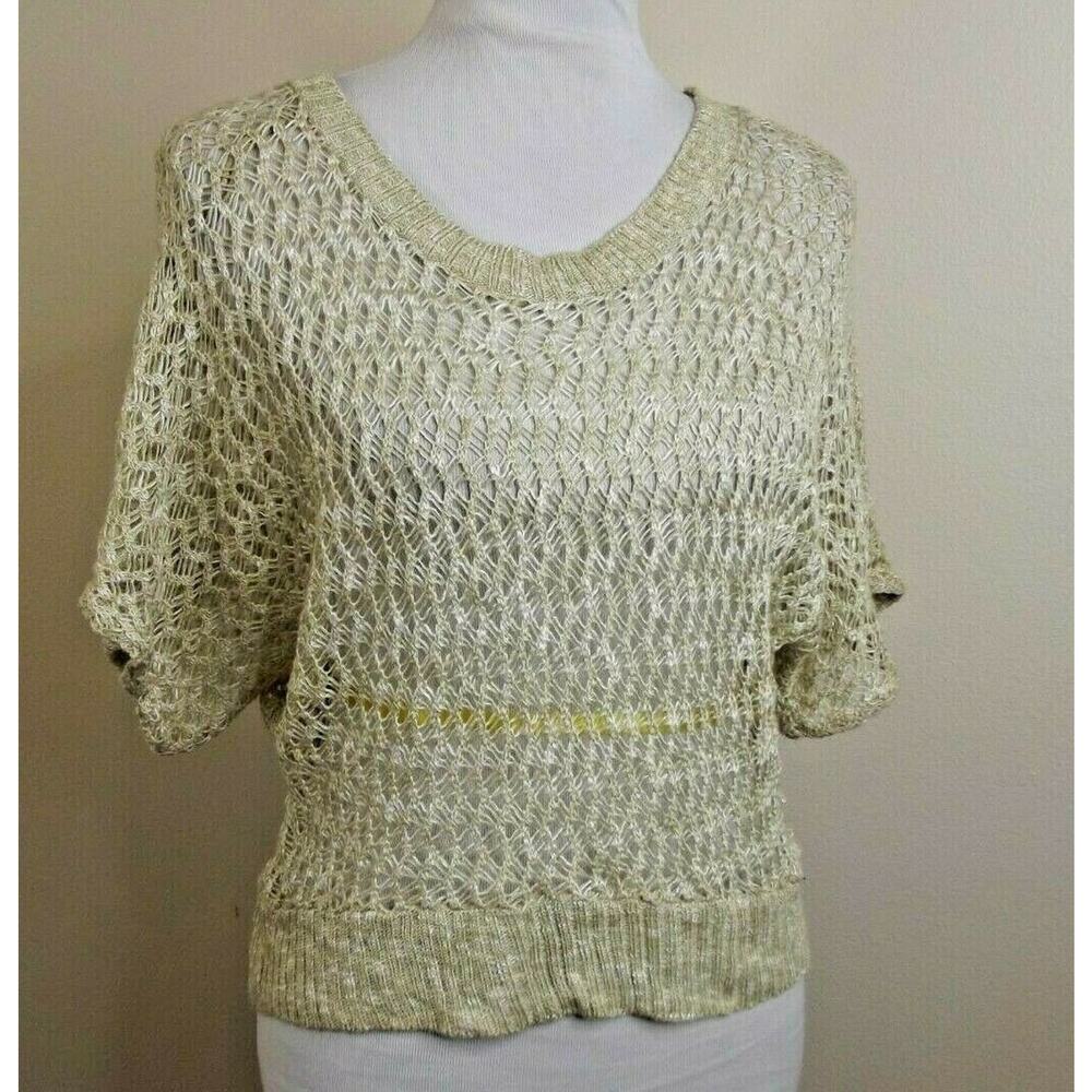 Cheslen Womens Open Weave CROPPED SWEATER - Size LARGE - Tan Short Sleeve